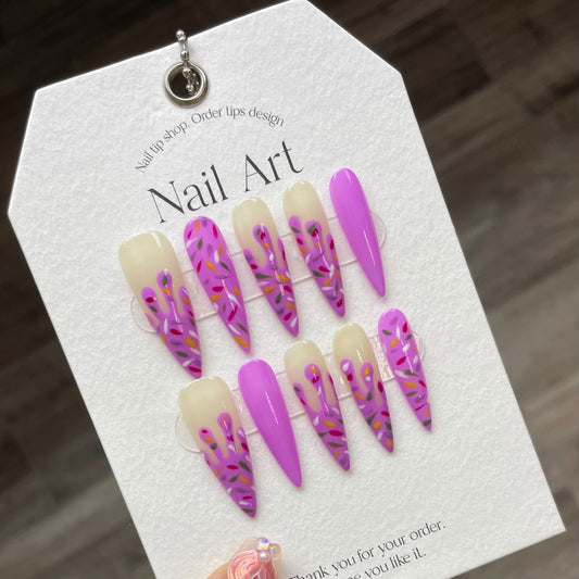 Pink Flowing Heart Ice Cream Crushed Sugar Handmade Nails|3D Micro-carving Personalized Hand-painted Press On Nails|Free Tool Kit Set Included