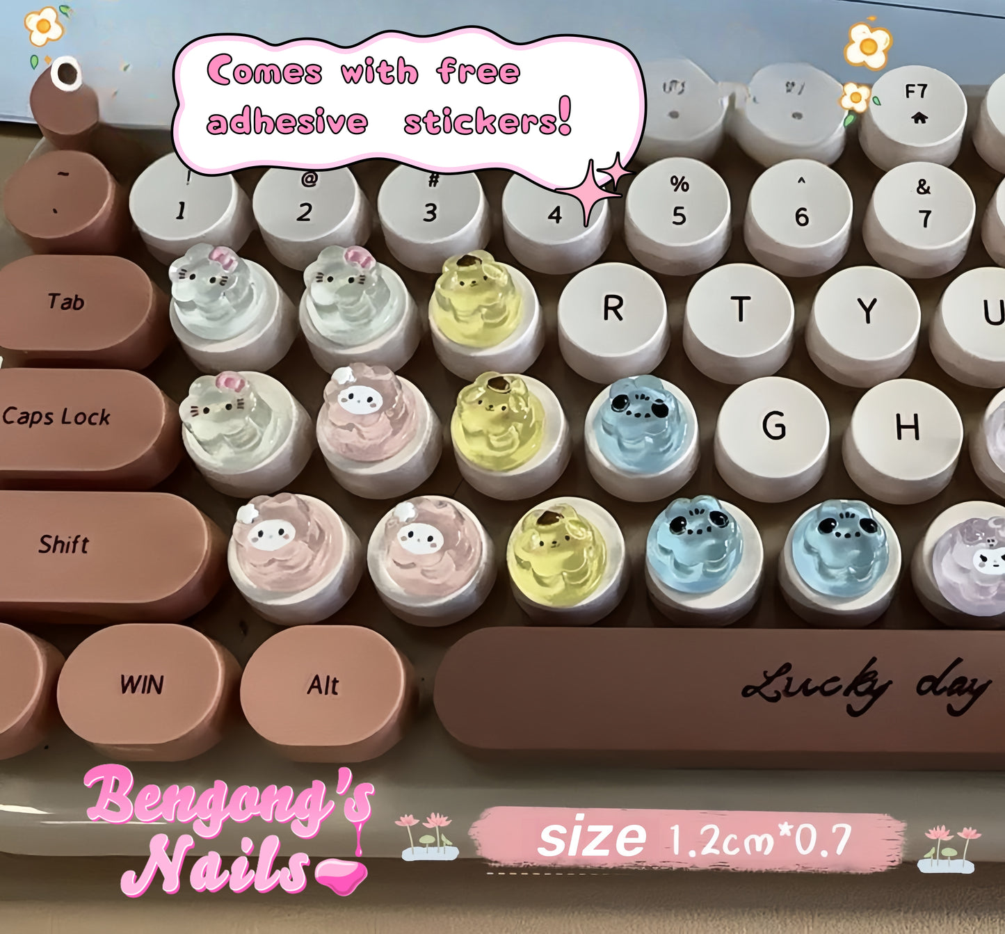 Kawaii Nail Typing Buddies - Fun Cartoon Keyboard Aids for Long Nails (10/20-Piece Set, Includes Back Stickers)
