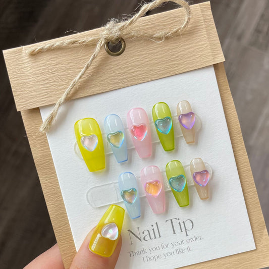 Heart-shaped Macaron Handmade Nails | Cute Candy Diamond Aurora Press On Nails|Free Tool Kit Set Included