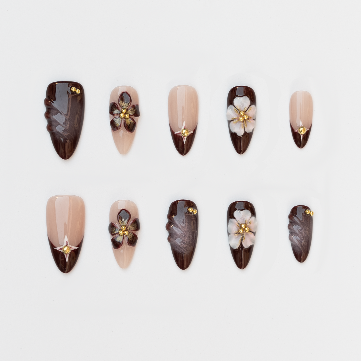 Mocha Blossom Almond Nails | Handmade Press-On Nails | Removable and Reusable | Free Tool Kit Included