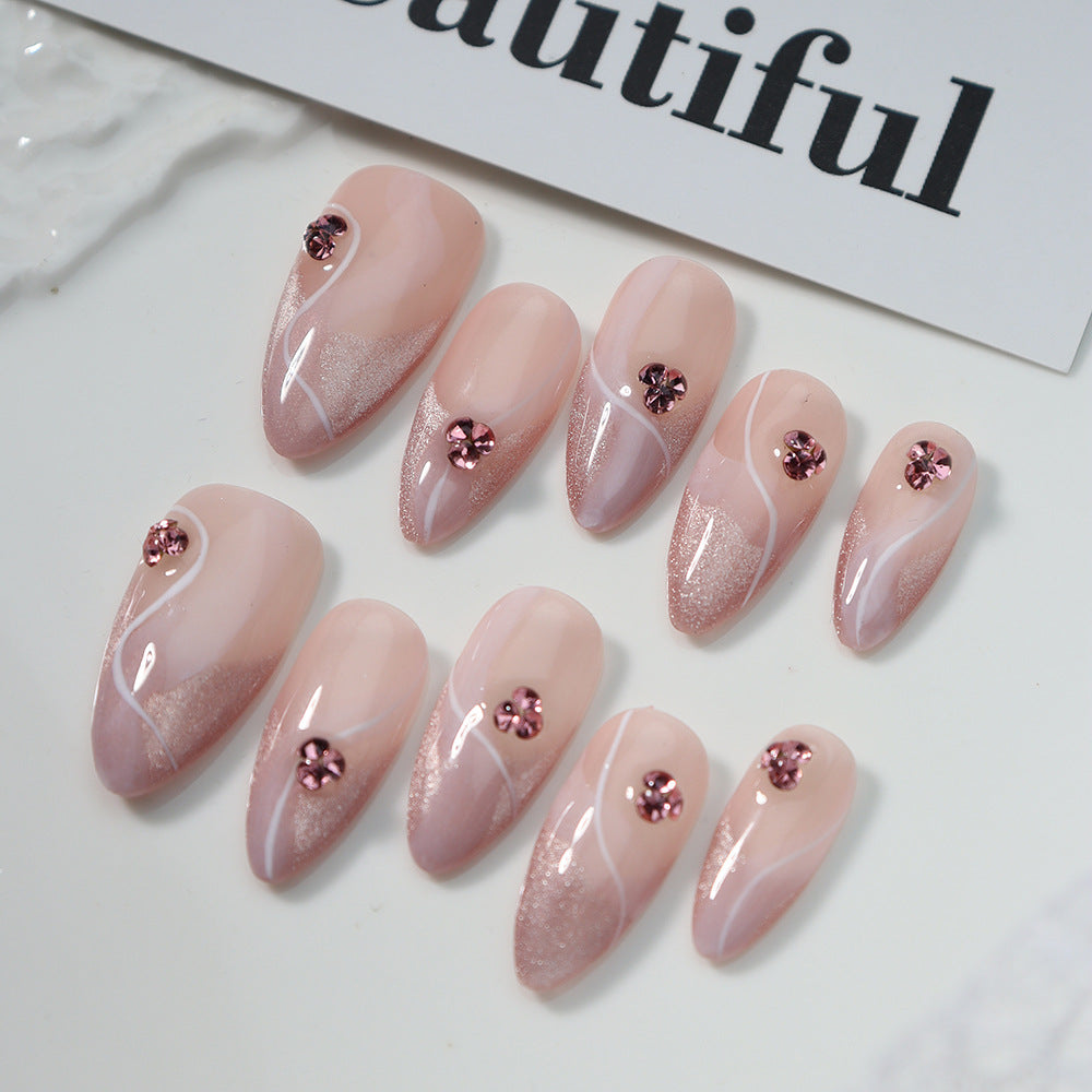 Medium Almond Pink Gradient French Tip & White Lines with Glitter Handmade Press-On Nails | Removable and Reusable | Free Tool Kit Included