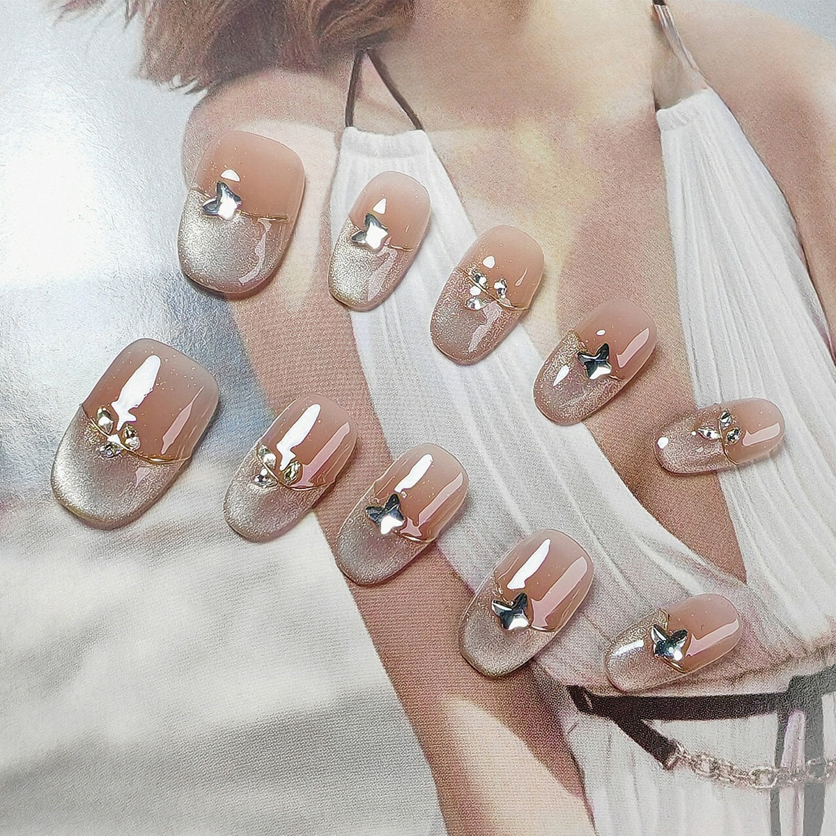 Medium Oval French Tip Pink Sparkling Cat Eye & Rhinestone Butterfly Handmade Press-On Nails | Removable & Reusable with Free Tool Kit