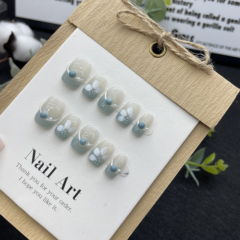Ultra-Short Coffin Blue Gradient Blended with Hand-Painted Pearl Lines and Small White Flowers Handmade Press On Nails | Removable and Reusable