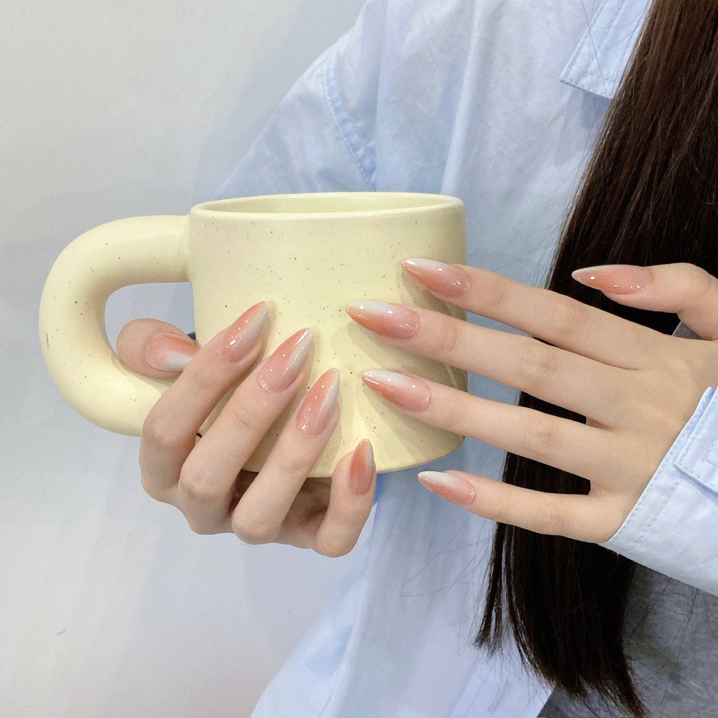 Medium Almond Light Pink Gradient Handmade Press On Nails | Removable and Reusable | Free Tool Kit Included