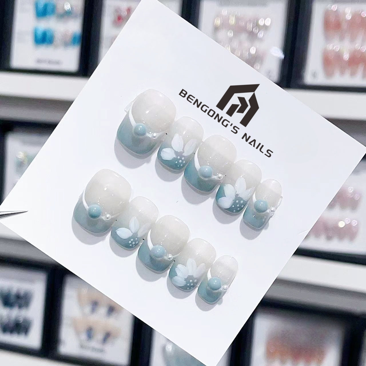 Ultra-Short Coffin Blue Gradient Blended with Hand-Painted Pearl Lines and Small White Flowers Handmade Press On Nails | Removable and Reusable