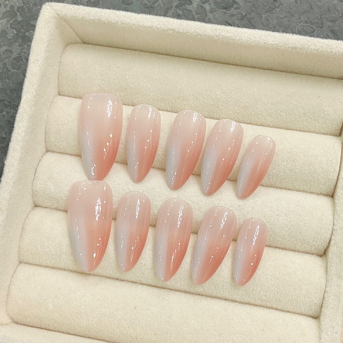 Medium Almond Light Pink Gradient Handmade Press On Nails | Removable and Reusable | Free Tool Kit Included