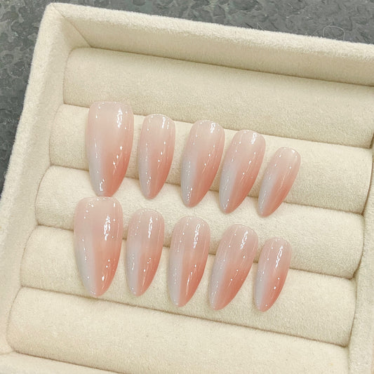 Medium Almond Light Pink Gradient Handmade Press On Nails | Removable and Reusable | Free Tool Kit Included