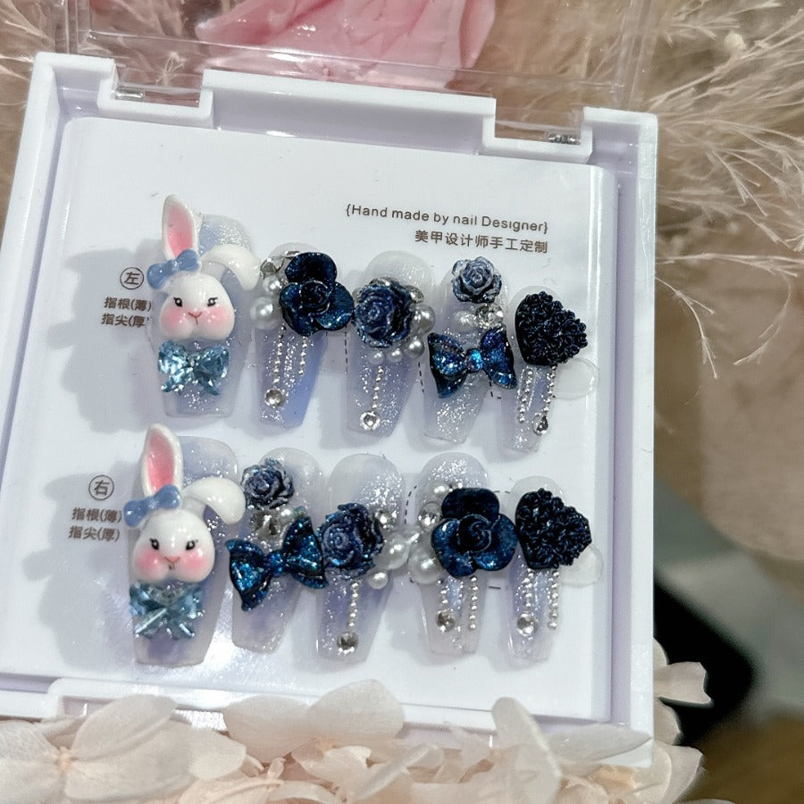 Cute Lolita Press On Nails|Baby Blue Sweetheart-shaped Bunny Face Nails|Black Rose and Bows|Free Tool Kit Set Included