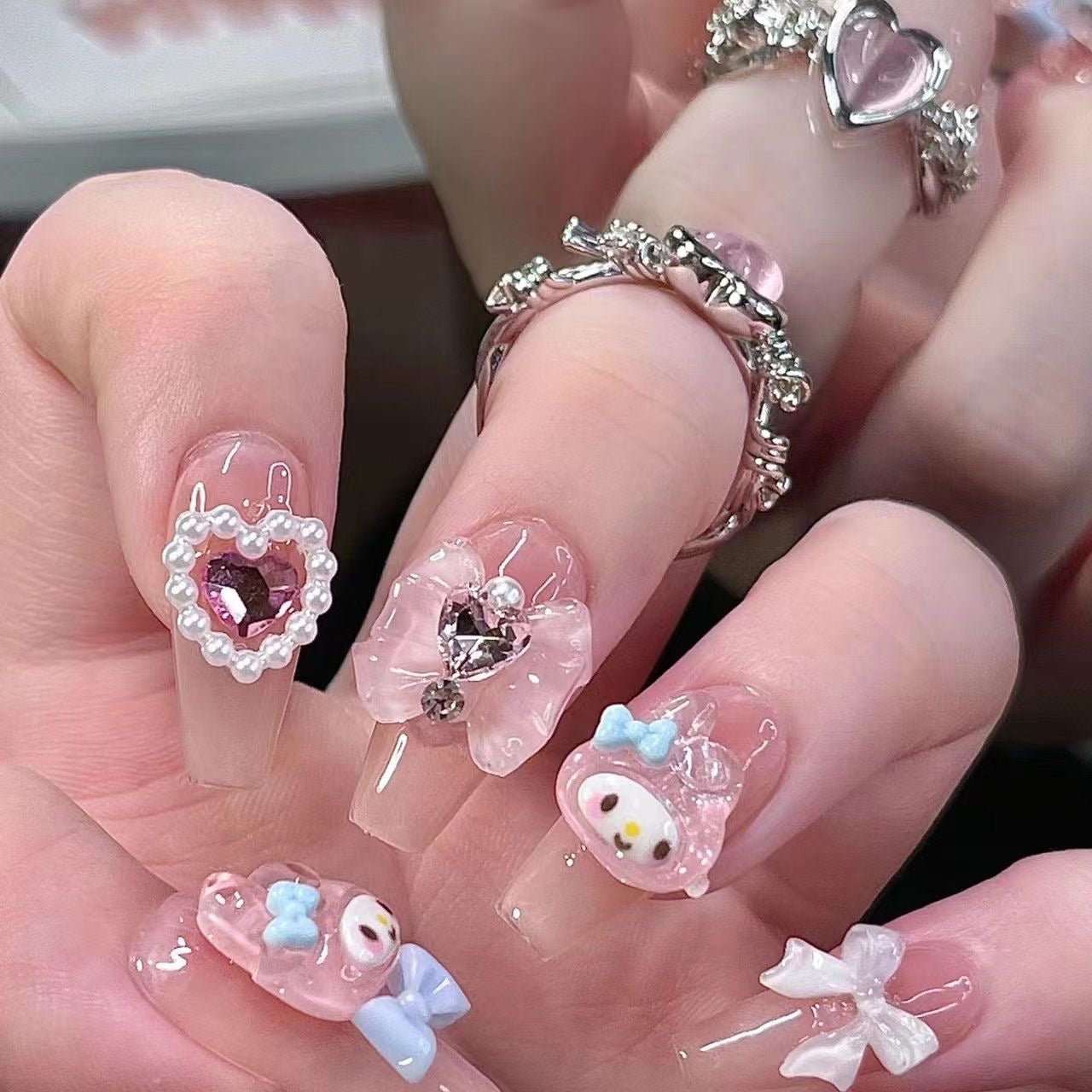 3 Shape Cartoon Dopamine Cute Girl Press On Nails | Kawaii Melody Handmade Nails | Four Types of Nail Shapes|Free Tool Kit Set Included