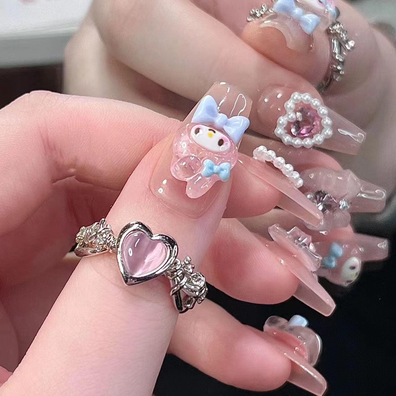 3 Shape Cartoon Dopamine Cute Girl Press On Nails | Kawaii Melody Handmade Nails | Four Types of Nail Shapes|Free Tool Kit Set Included