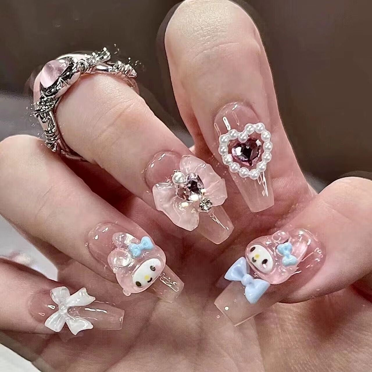 3 Shape Cartoon Dopamine Cute Girl Press On Nails | Kawaii Melody Handmade Nails | Four Types of Nail Shapes|Free Tool Kit Set Included
