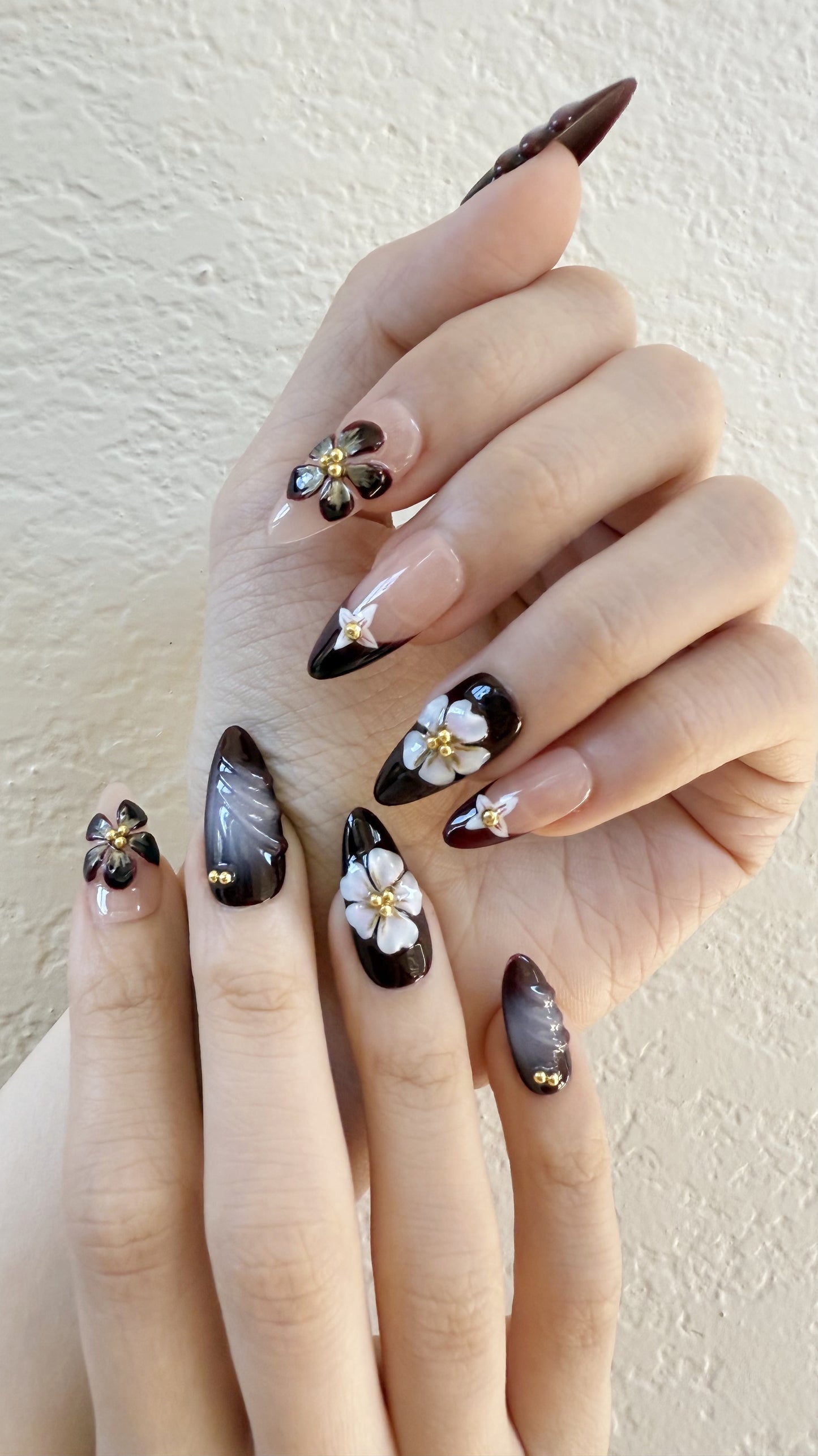 Mocha Blossom Almond Nails | Handmade Press-On Nails | Removable and Reusable | Free Tool Kit Included