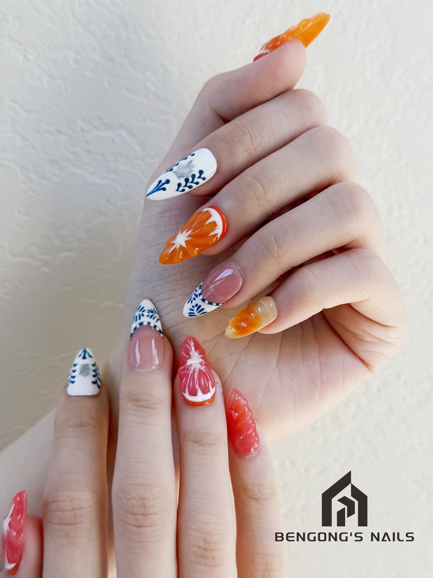 Medium Almond-Shaped Fruit Squishies & Hand-Painted Chinese Cloisonné-Inspired Handmade Press-On Nails| Removable and Reusable | Free Tool Kit Included