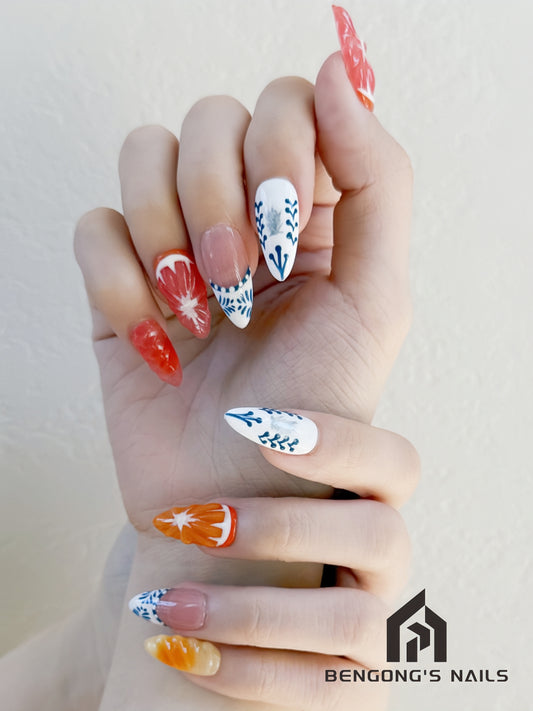 Medium Almond-Shaped Fruit Squishies & Hand-Painted Chinese Cloisonné-Inspired Handmade Press-On Nails| Removable and Reusable | Free Tool Kit Included