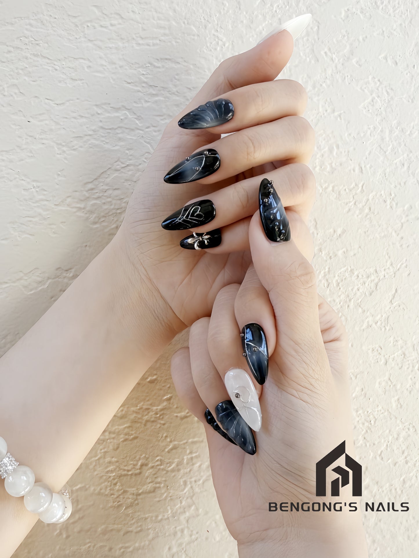 Medium Almond Black and White Color Block Heart Design with Iris Flower Accents | Handmade Press-On Nails | Removable and Reusable | Free Tool Kit Included