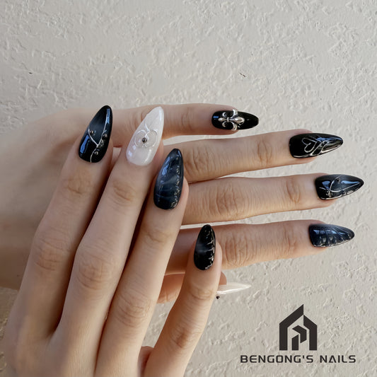 Medium Almond Black and White Color Block Heart Design with Iris Flower Accents |  Handmade Press-On Nails | Removable and Reusable | Free Tool Kit Included