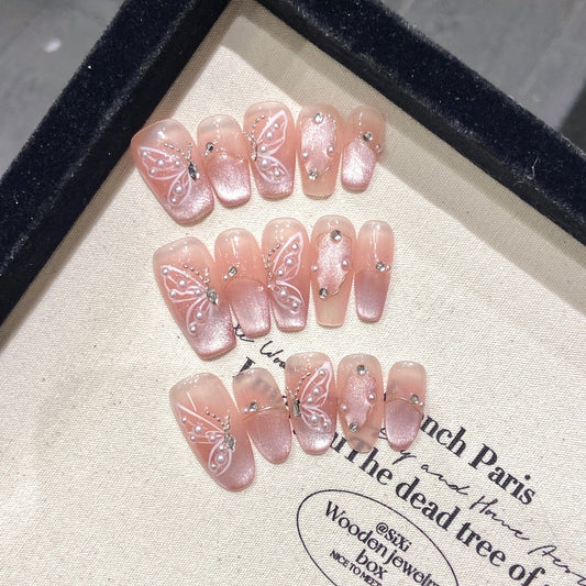 2 Shapes French Tip Pink Cat Eye with Hand-Painted Butterfly Accents Handmade Press-On Nails | Removable and Reusable | Free Tool Kit Included