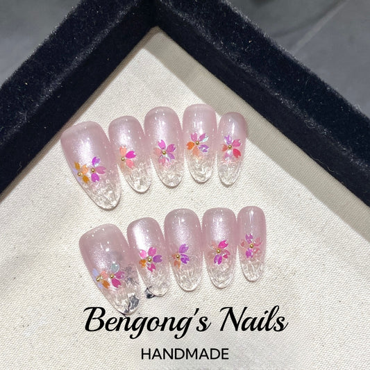 Moonlit Sakura Reflections – Handmade Press-On Nails | Medium-Length Oval | Removable and Reusable | Free Tool Kit Included