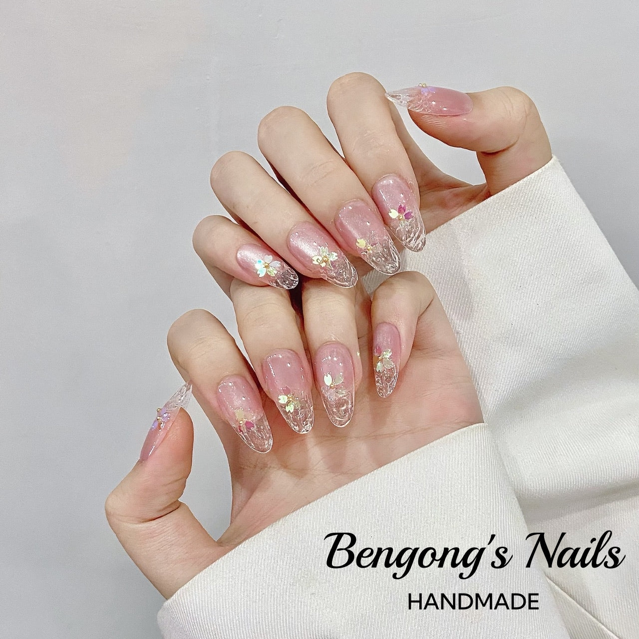 Moonlit Sakura Reflections – Handmade Press-On Nails | Medium-Length Oval | Removable and Reusable | Free Tool Kit Included