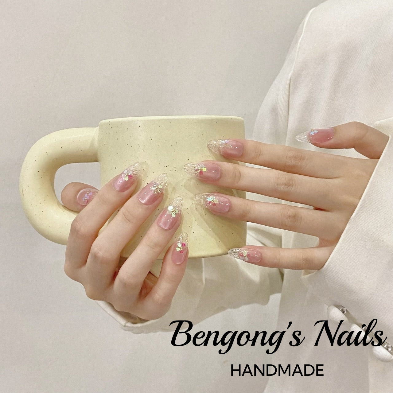 Moonlit Sakura Reflections – Handmade Press-On Nails | Medium-Length Oval | Removable and Reusable | Free Tool Kit Included