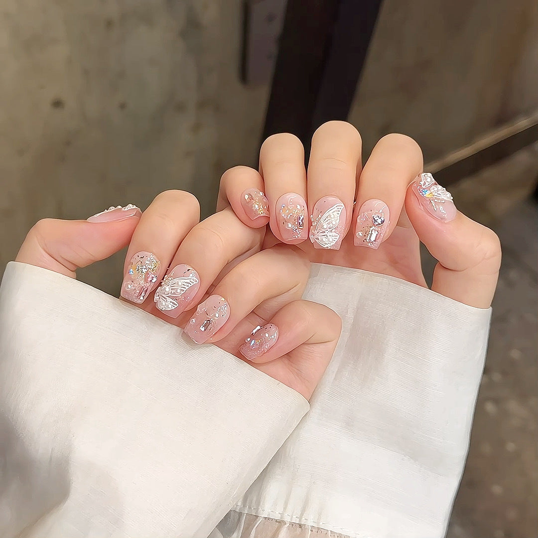 Short Coffin Pink Gradient Hand-Painted Butterfly & Moonlight Butterfly Handmade Press-On Nails | Removable and Reusable | Free Tool Kit Included