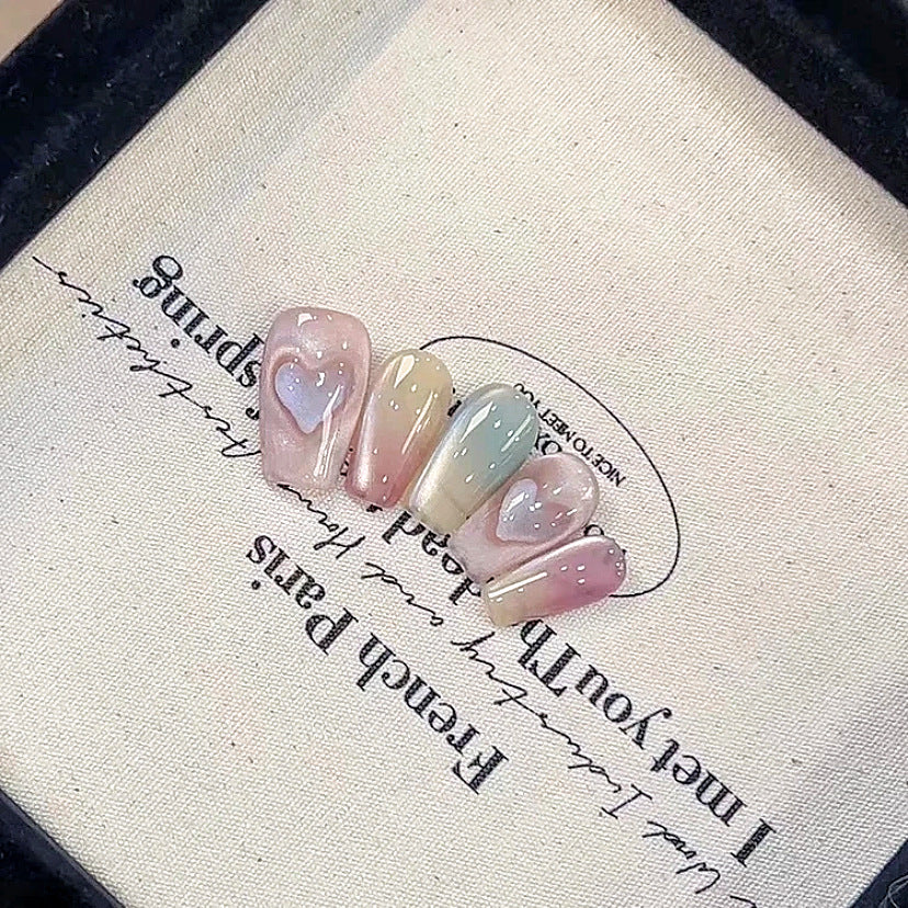 3 Shapes Multicolored Cat Eye & Heartbeat Series Handmade Press-On Nails | Removable and Reusable | Free Tool Kit Included