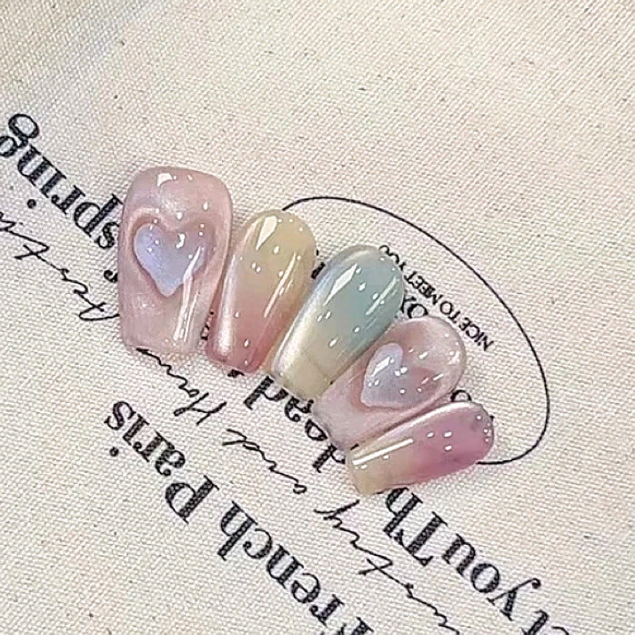 3 Shapes Multicolored Cat Eye & Heartbeat Series Handmade Press-On Nails | Removable and Reusable | Free Tool Kit Included