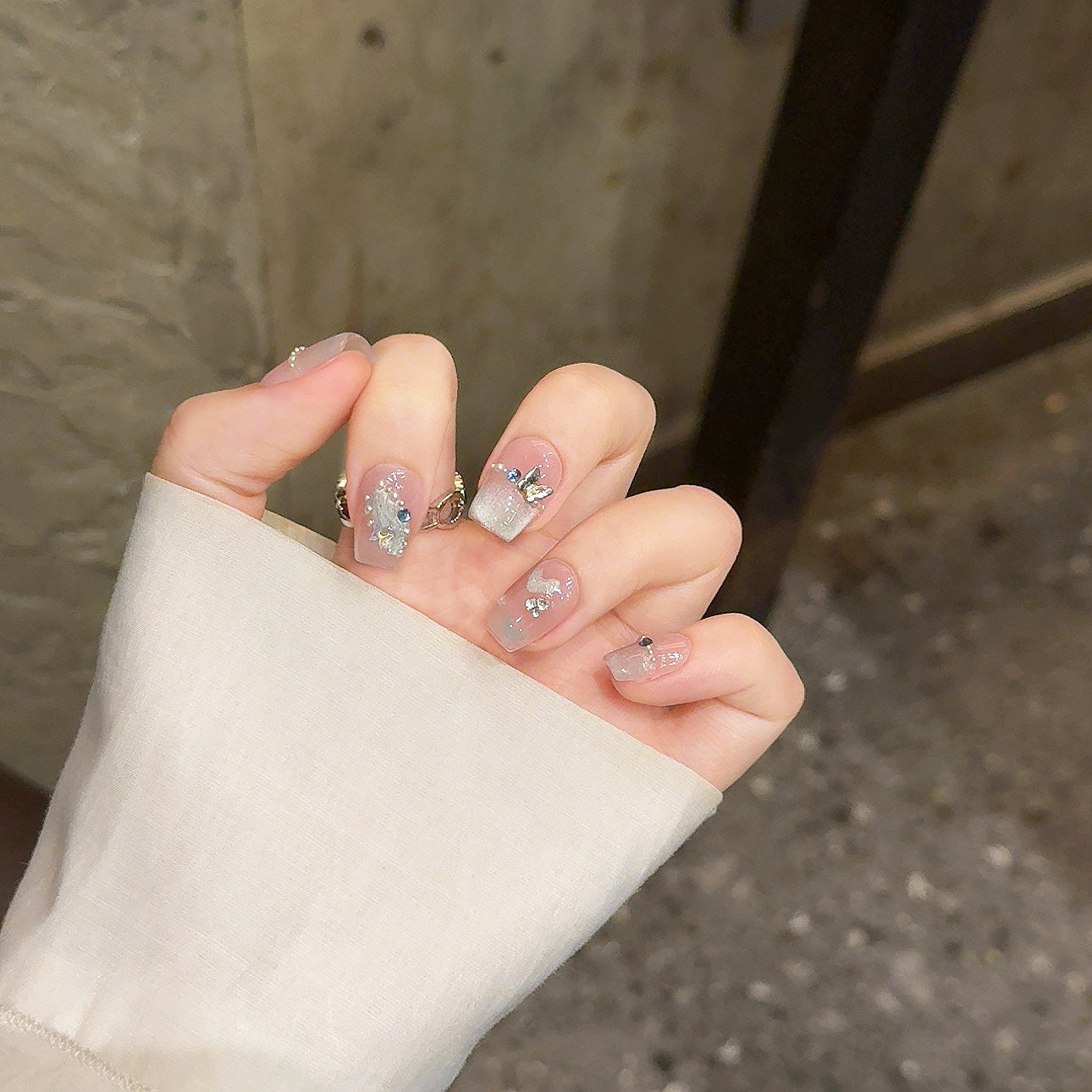 2 Shapes Light Green French Tip Shell Powder Butterfly Accent Handmade Press-On Nails | Removable and Reusable | Free Tool Kit Included