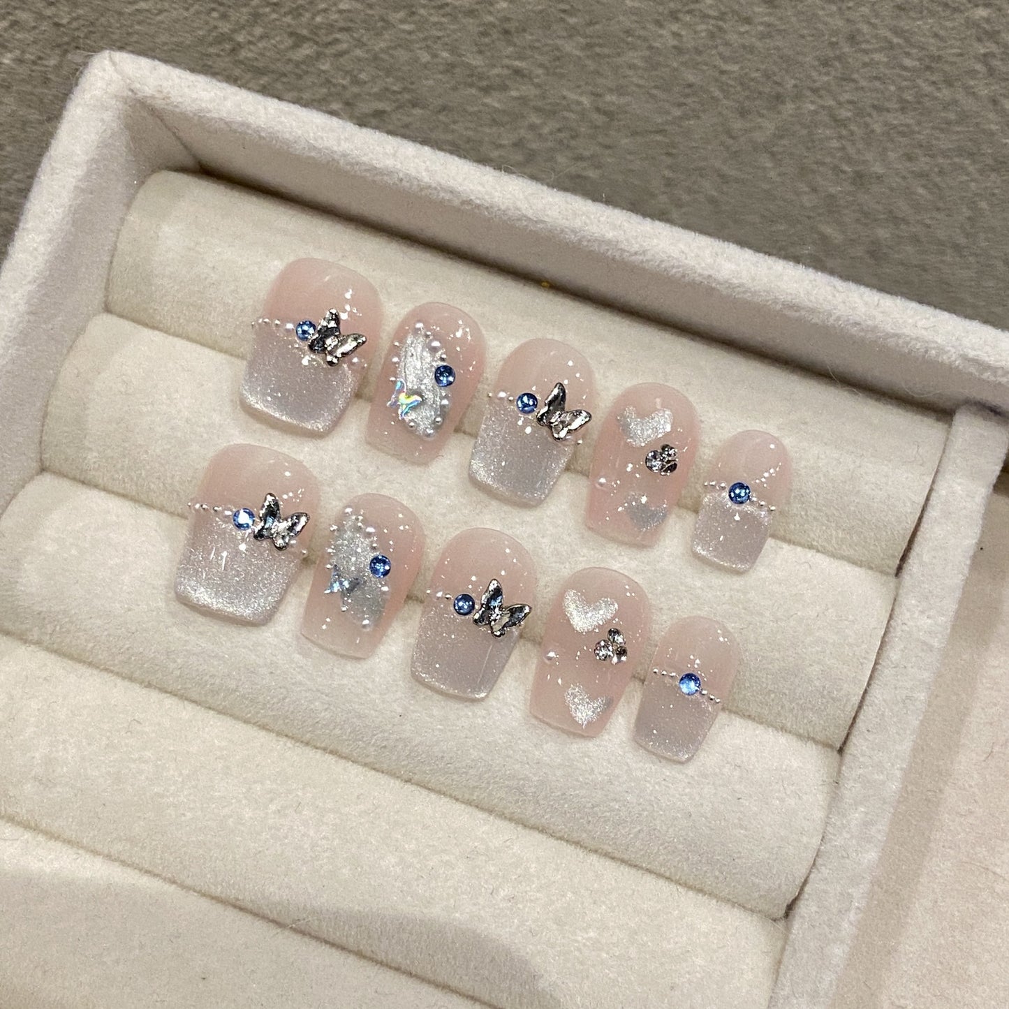 2 Shapes Light Green French Tip Shell Powder Butterfly Accent Handmade Press-On Nails | Removable and Reusable | Free Tool Kit Included