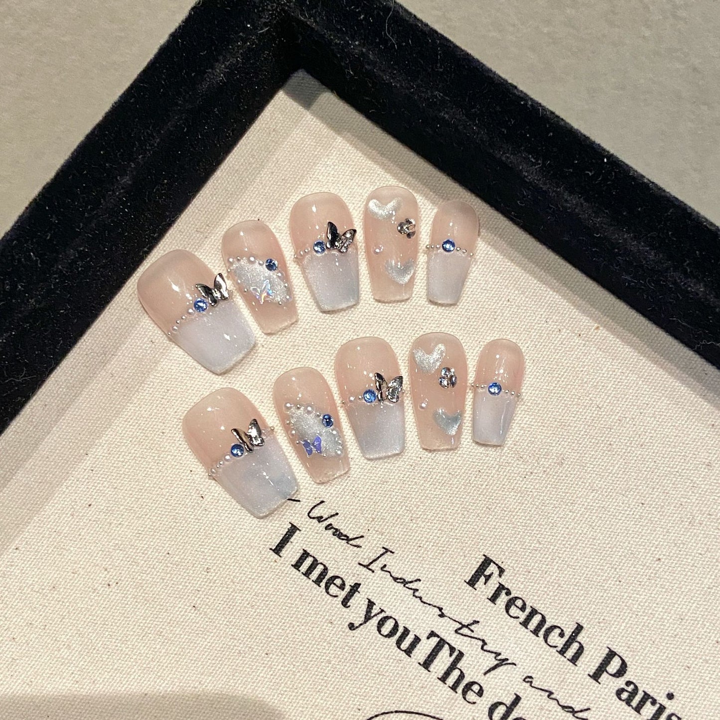 2 Shapes Light Green French Tip Shell Powder Butterfly Accent Handmade Press-On Nails | Removable and Reusable | Free Tool Kit Included