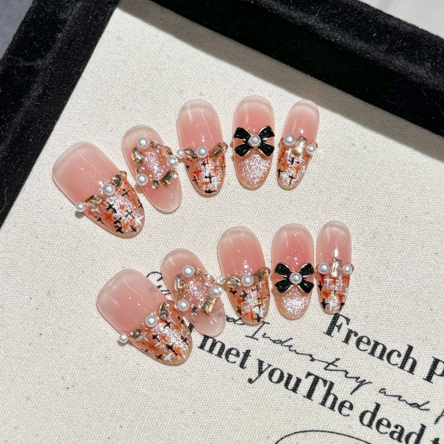 2 Shapes Gold French Cat Eye & Festive Bow Designs | Handmade Press-On Nails | Removable & Reusable with Free Tool Kit