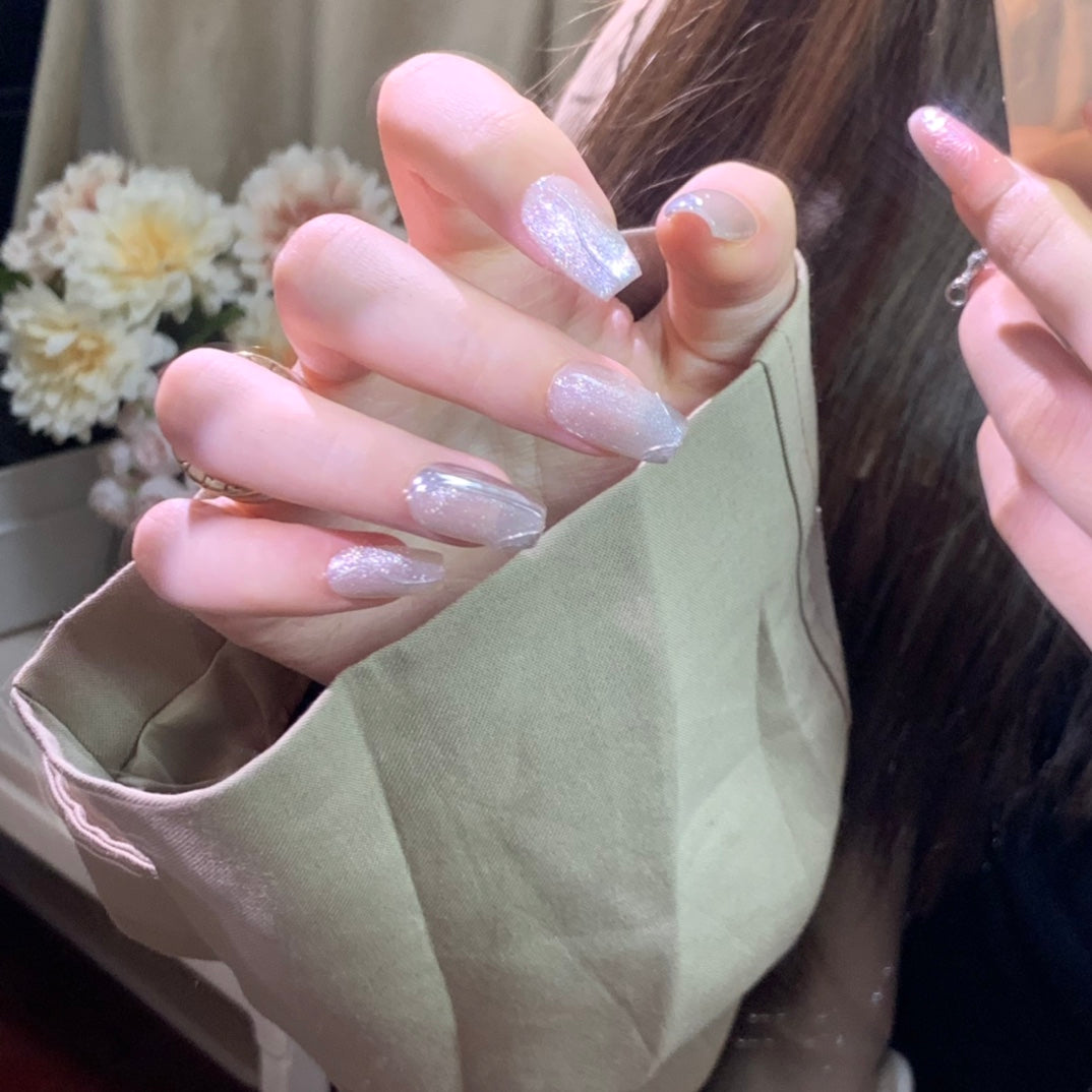 Short Coffin Silver Cat Eye with Metallic Lines Handmade Wearable Nails | Removable and Reusable | Free Tool Kit Included