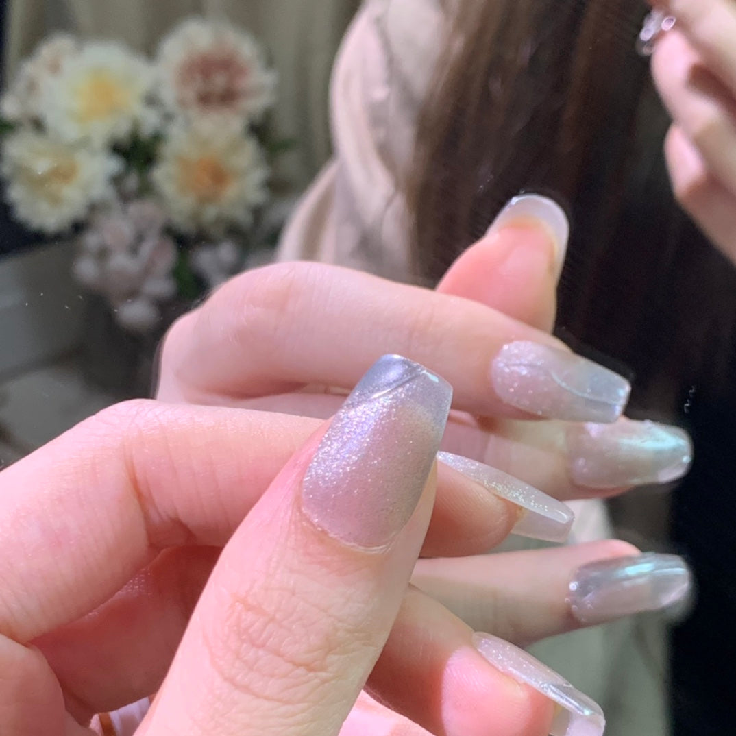 Short Coffin Silver Cat Eye with Metallic Lines Handmade Wearable Nails | Removable and Reusable | Free Tool Kit Included