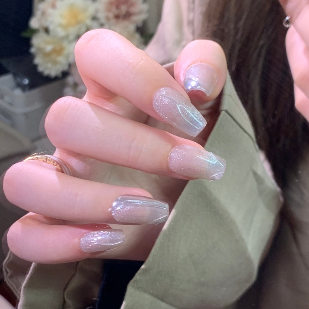 Short Coffin Silver Cat Eye with Metallic Lines Handmade Wearable Nails | Removable and Reusable | Free Tool Kit Included