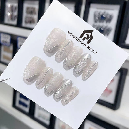 Short Coffin Silver Cat Eye with Metallic Lines Handmade Wearable Nails | Removable and Reusable | Free Tool Kit Included