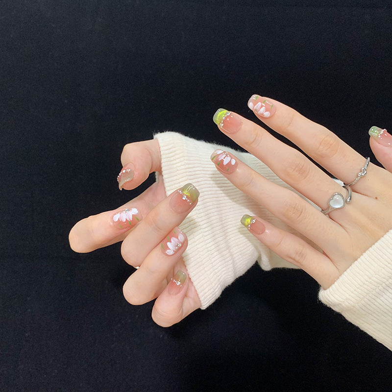 Short Coffin Green Elf French Cat Eye with Hand-Painted Ice Flowers Handmade Press-On Nails | Removable and Reusable | Free Tool Kit Included