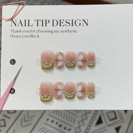 Short Coffin Green Elf French Cat Eye with Hand-Painted Ice Flowers Handmade Press-On Nails | Removable and Reusable | Free Tool Kit Included