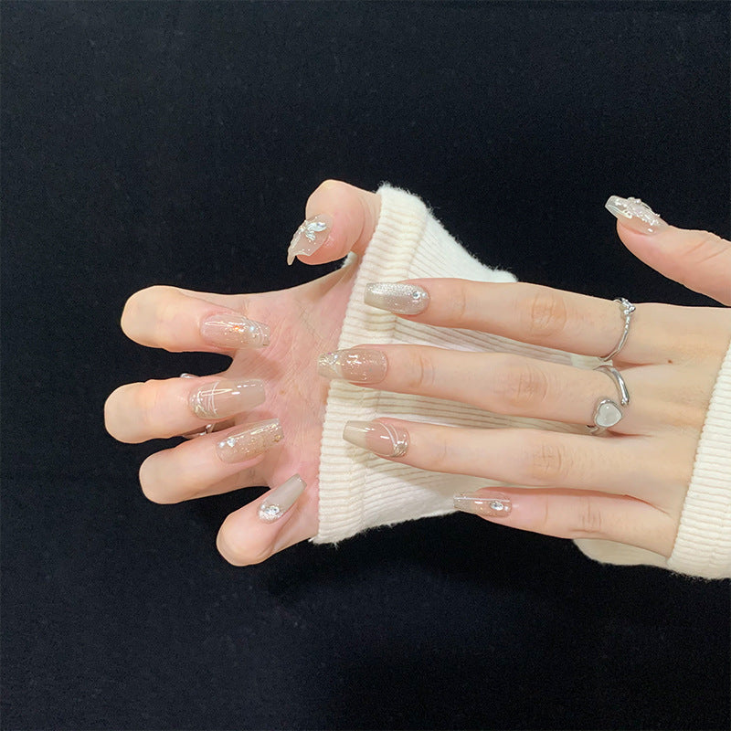 Short Coffin Light Champagne Cat Eye Hand-Painted Butterfly with Small Diamonds Handmade Press-On Nails | Removable and Reusable | Free Tool Kit Included