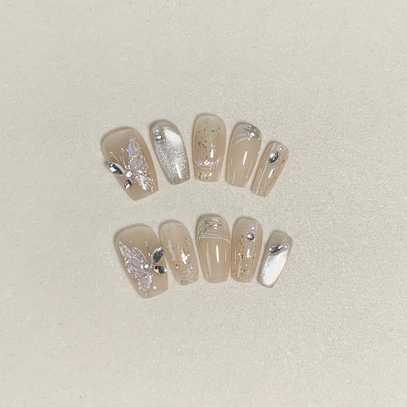 Short Coffin Light Champagne Cat Eye Hand-Painted Butterfly with Small Diamonds Handmade Press-On Nails | Removable and Reusable | Free Tool Kit Included