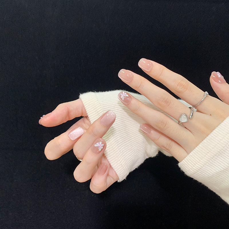 Super Short Oval Pink Cat Eye Hand-Painted Butterfly Press-On Nails | Removable and Reusable | Free Tool Kit Included