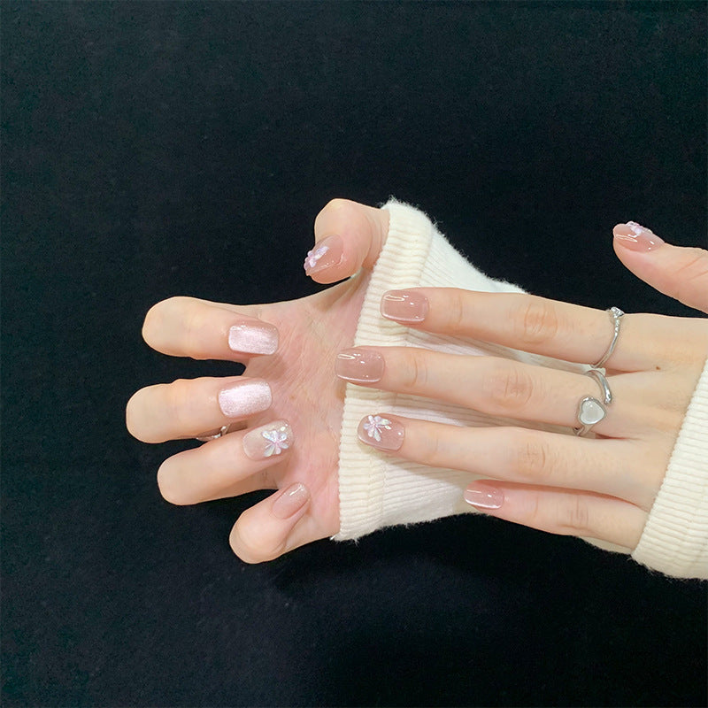 Super Short Oval Pink Cat Eye Hand-Painted Butterfly Press-On Nails | Removable and Reusable | Free Tool Kit Included