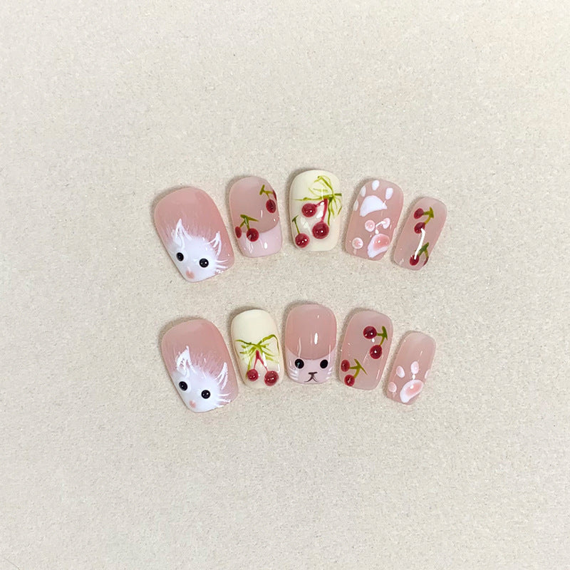 Short Coffin French Tip Cute Cat & Hand-Painted Cherry Handmade Press-On Nails | Removable and Reusable | Free Tool Kit Included