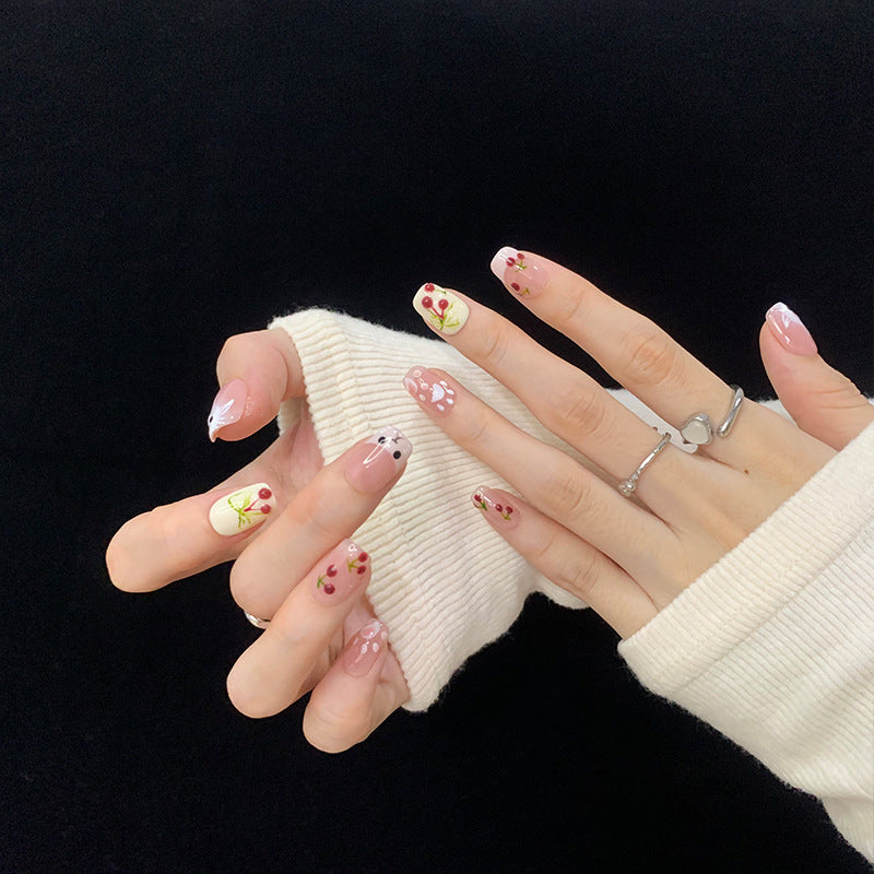 Short Coffin French Tip Cute Cat & Hand-Painted Cherry Handmade Press-On Nails | Removable and Reusable | Free Tool Kit Included
