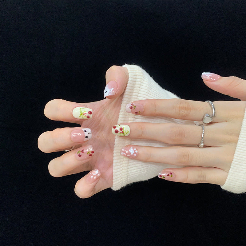Short Coffin French Tip Cute Cat & Hand-Painted Cherry Handmade Press-On Nails | Removable and Reusable | Free Tool Kit Included