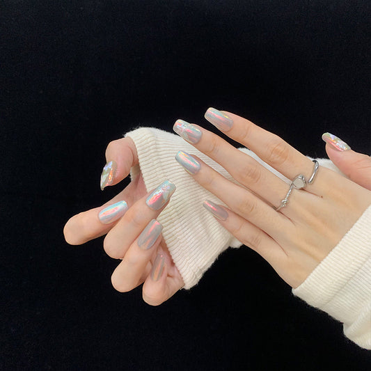 Medium Coffin Silver Moonlight & Hand-Painted Butterfly Handmade Press-On Nails | Removable & Reusable | Free Tool Kit Included