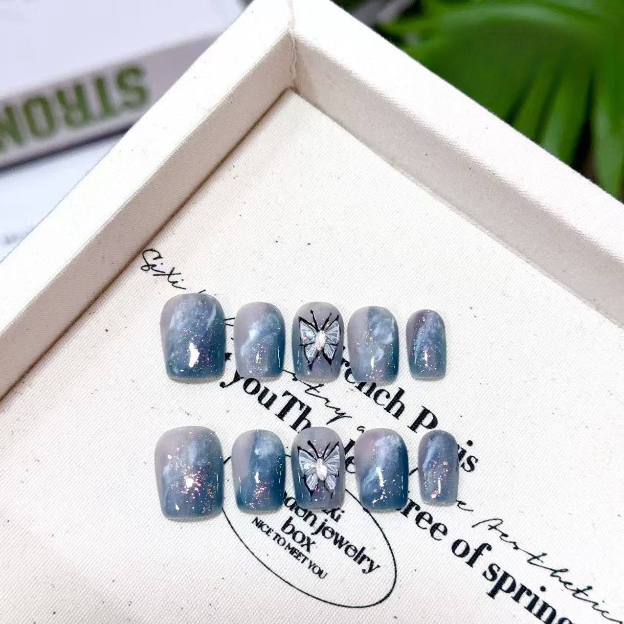 Ultra-Short Coffin Chinese Ink Style Dark Blue & Hand-Painted Black Butterfly Handmade Press-On Nails | Removable and Reusable | Free Tool Kit Included