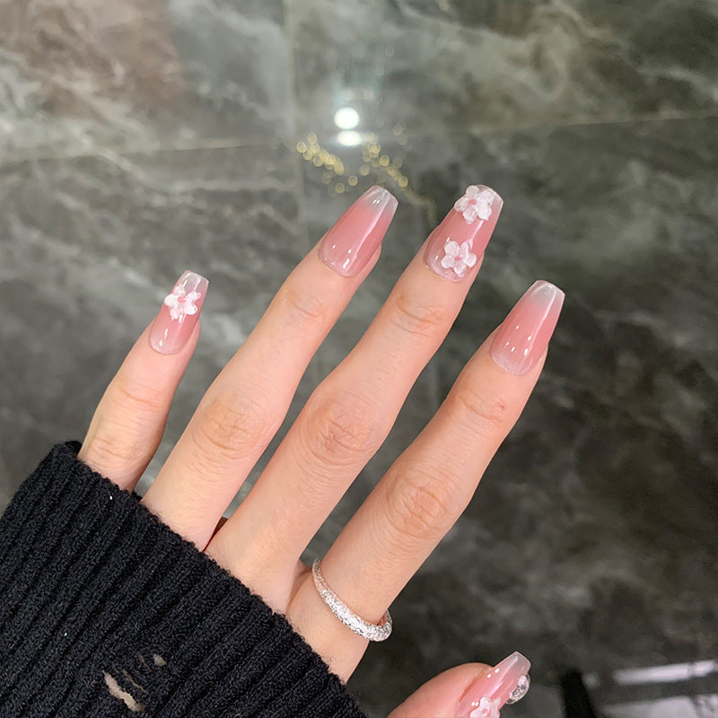 Medium Coffin Blush Ombre & Icy White Embossed Peach Blossom Press-On Nails | Removable and Reusable | Free Tool Kit Included