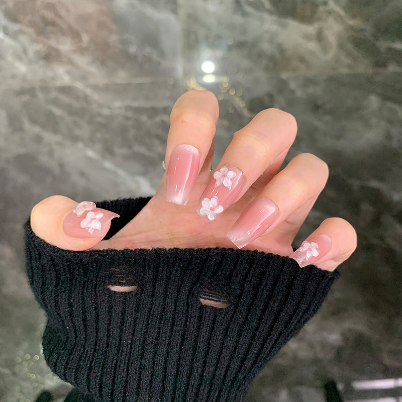 Medium Coffin Blush Ombre & Icy White Embossed Peach Blossom Press-On Nails | Removable and Reusable | Free Tool Kit Included