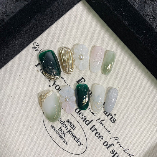 Medium Oval Deep Green Gradient & High-End Hand-Sculpted Flower Handmade Press-On Nails | Removable and Reusable | Free Tool Kit Included