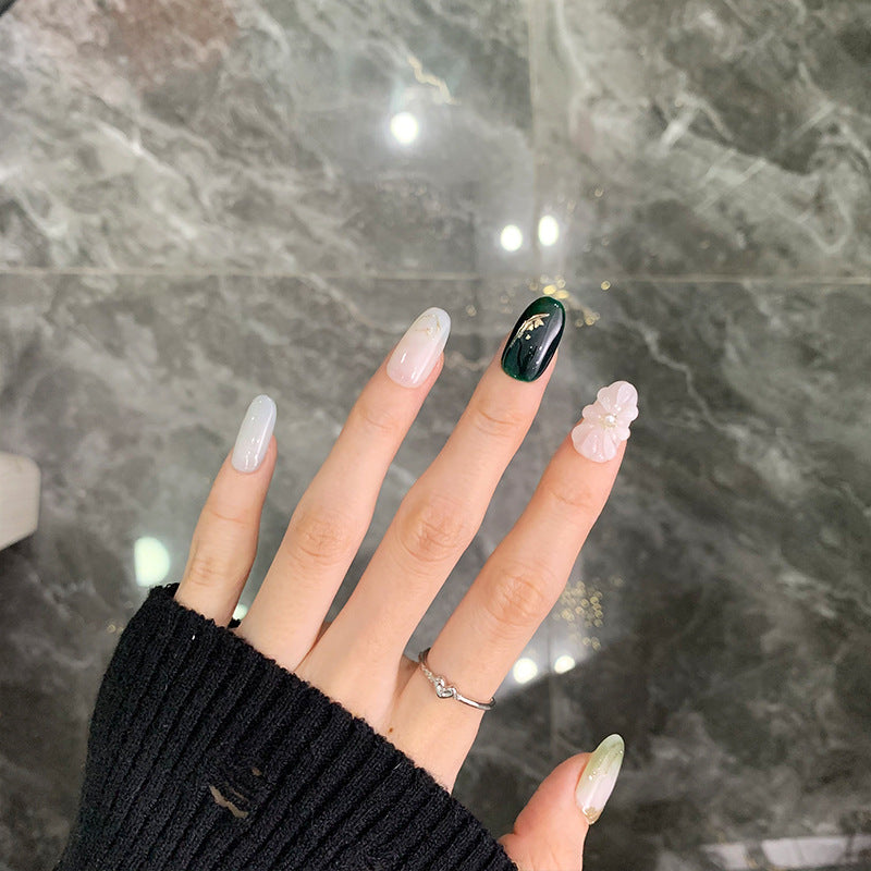 Medium Oval Deep Green Gradient & High-End Hand-Sculpted Flower Handmade Press-On Nails | Removable and Reusable | Free Tool Kit Included